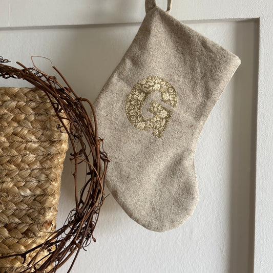 Mini Linen Christmas Stocking with floral fabric Initial