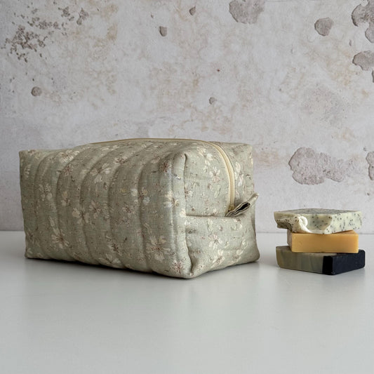 Quilted Linen toiletry bag, Green floral makeup pouch