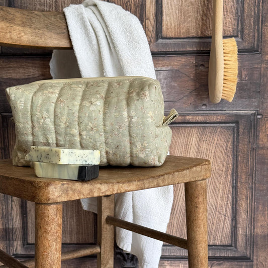 Quilted Linen toiletry bag, Green floral makeup pouch