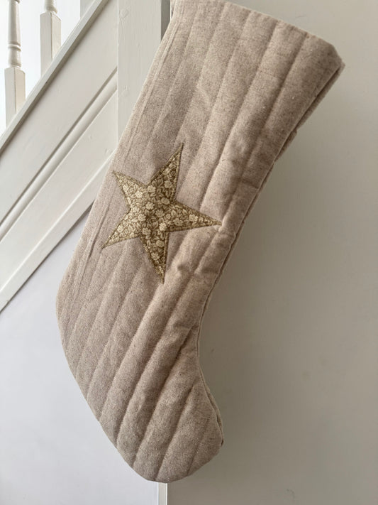 Quilted Linen Christmas Stocking with Applique Floral Star or Initial