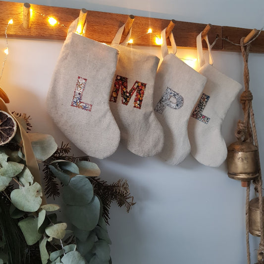 Mini Linen Christmas Stocking with floral fabric Initial