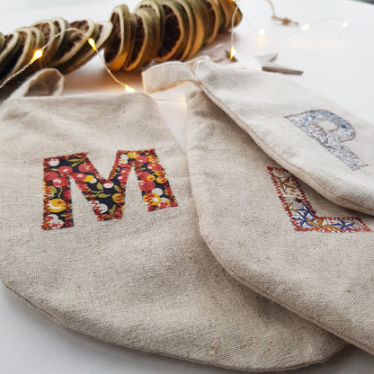 Mini Linen Christmas Stocking with floral fabric Initial