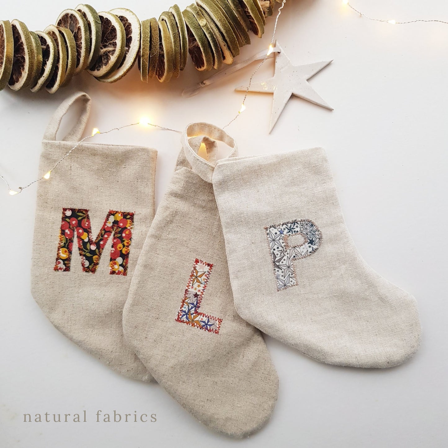 Mini Linen Christmas Stocking with floral fabric Initial