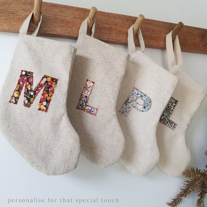 Mini Linen Christmas Stocking with floral fabric Initial