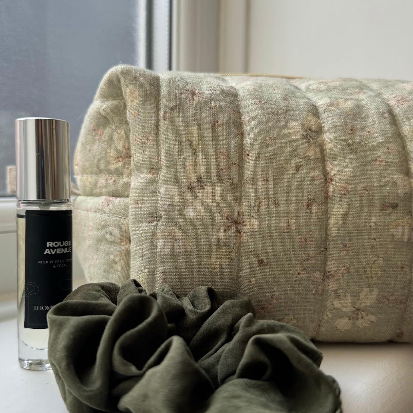 Quilted Linen toiletry bag, Green floral makeup pouch