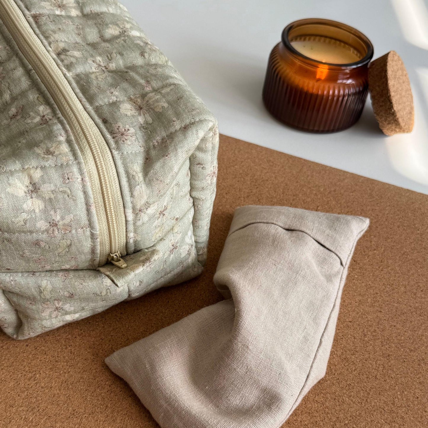 Quilted Linen toiletry bag, Green floral makeup pouch