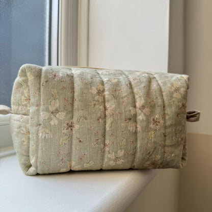 Quilted Linen toiletry bag, Green floral makeup pouch