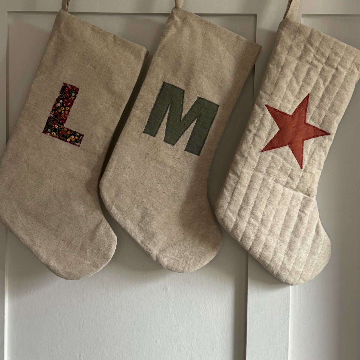 Quilted Christmas Stocking with Applique Linen Star or Initial