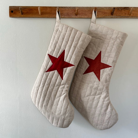 Quilted Christmas Stocking with Applique Linen Star or Initial