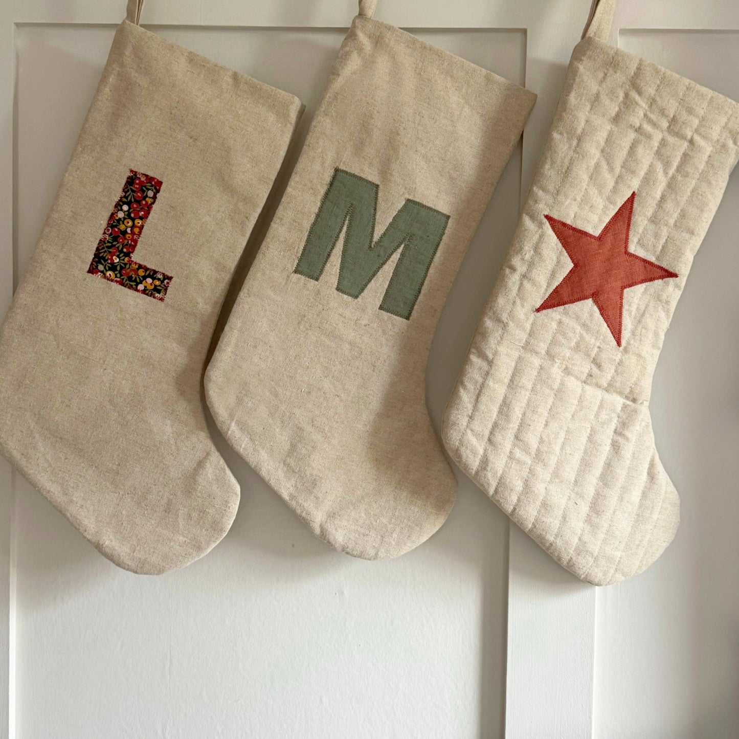 Quilted Christmas Stocking with Applique Linen Star or Initial