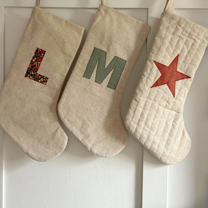 Quilted Christmas Stocking with Applique Linen Star or Initial