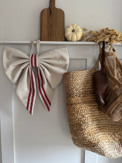 Grain Sack Cloth Bow Red Stripe