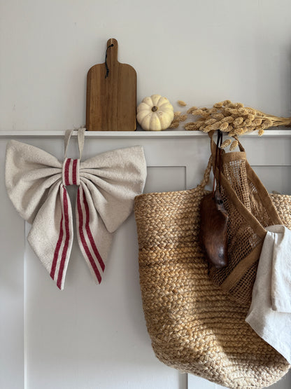 Grain Sack Cloth Bow Red Stripe