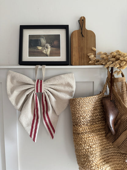 Grain Sack Cloth Bow Red Stripe