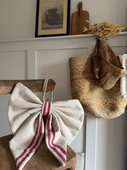 Grain Sack Cloth Bow Red Stripe