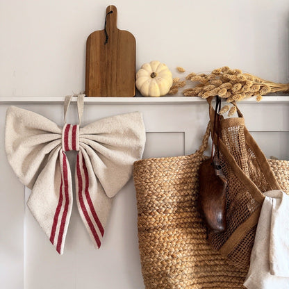 Grain Sack Cloth Bow Red Stripe
