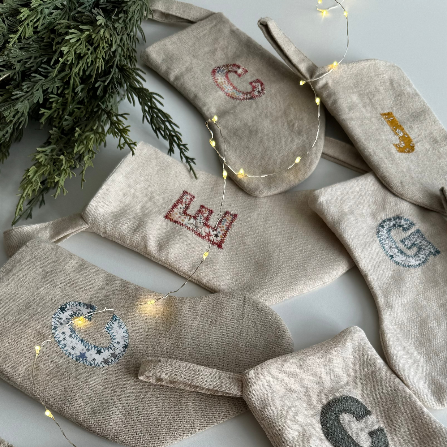 Mini Linen Christmas Stocking with floral fabric Initial