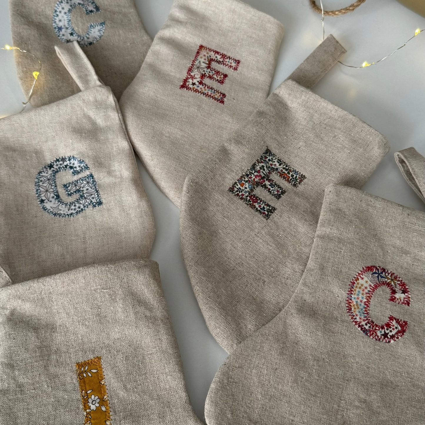 Mini Linen Christmas Stocking with floral fabric Initial