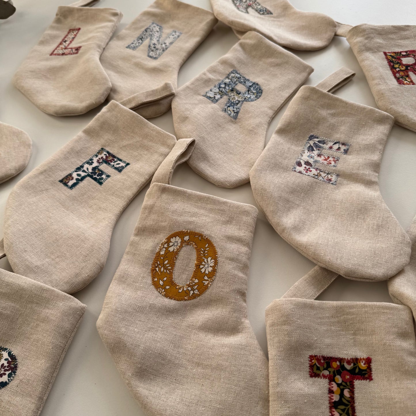 Mini Linen Christmas Stocking with floral fabric Initial