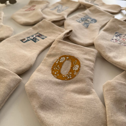 Mini Linen Christmas Stocking with floral fabric Initial