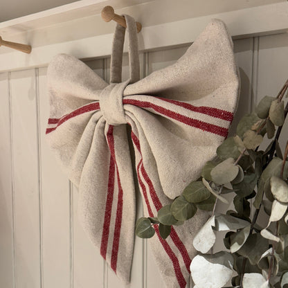 Grain Sack Cloth Bow Red Stripe