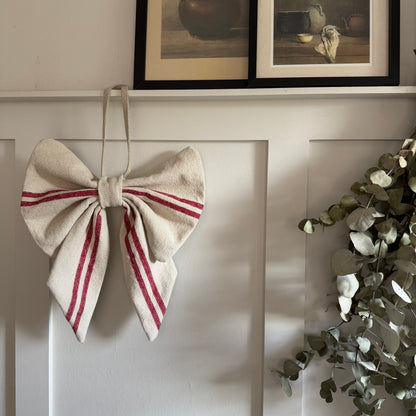 Grain Sack Cloth Bow Red Stripe