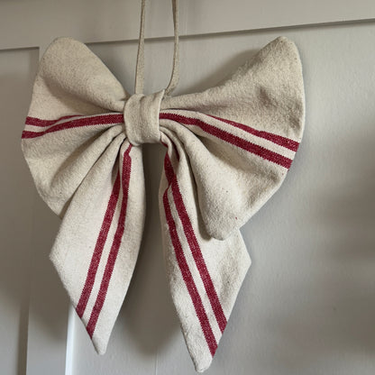 Grain Sack Cloth Bow Red Stripe