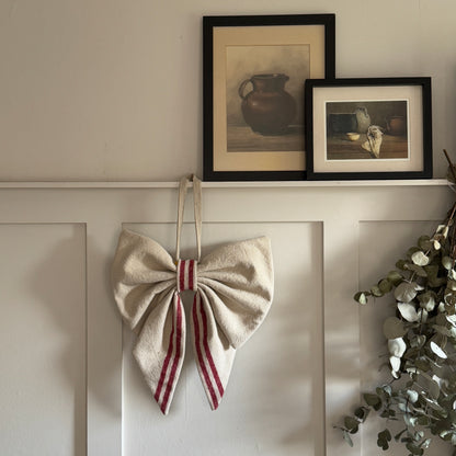 Grain Sack Cloth Bow Red Stripe