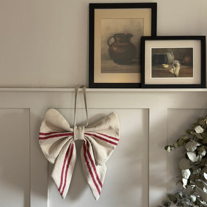 Grain Sack Cloth Bow Red Stripe