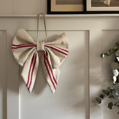 Grain Sack Cloth Bow Red Stripe