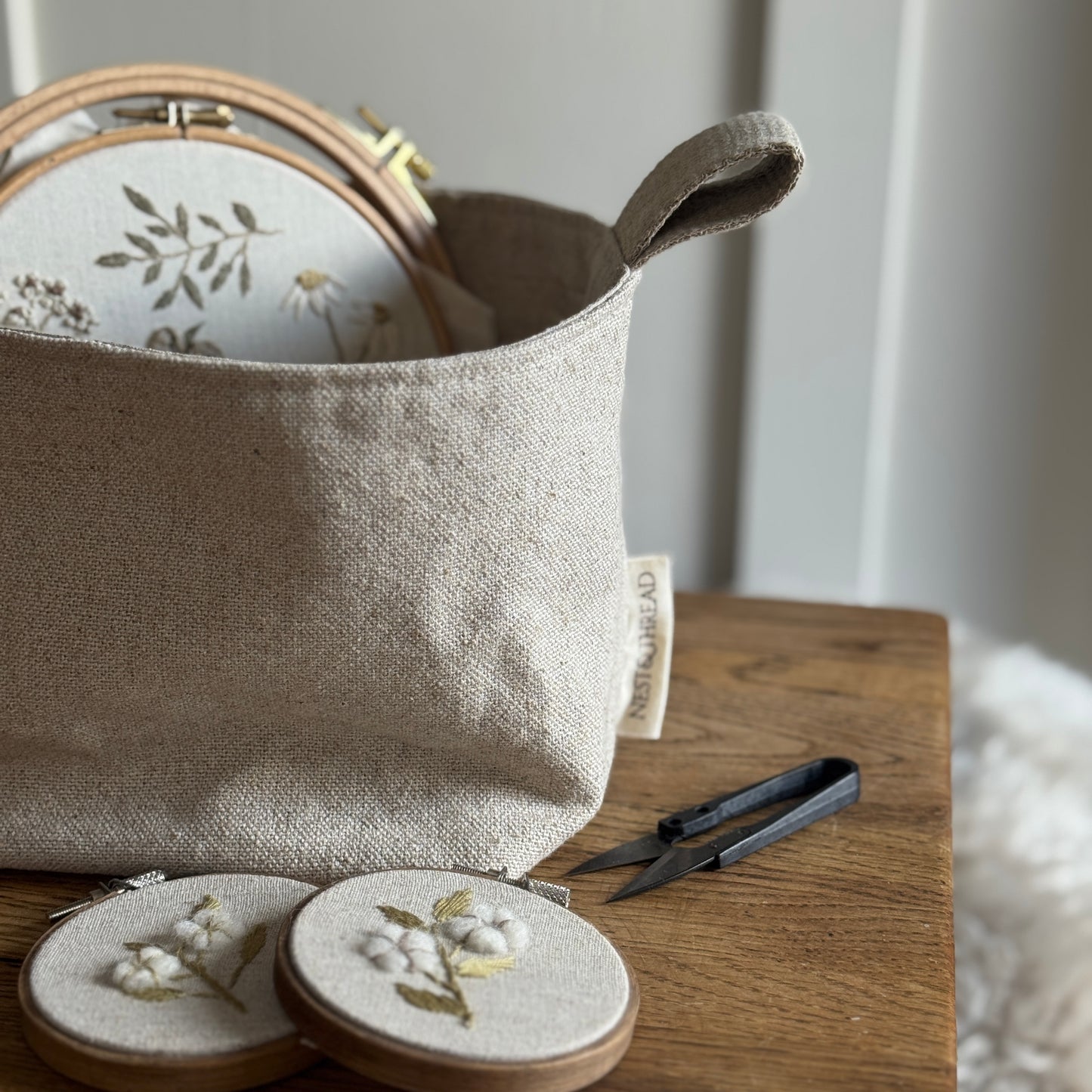 Large Linen Canvas Storage Basket with Hemp Handles