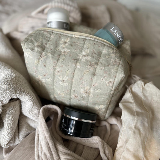 Quilted Linen toiletry bag, Green floral makeup pouch