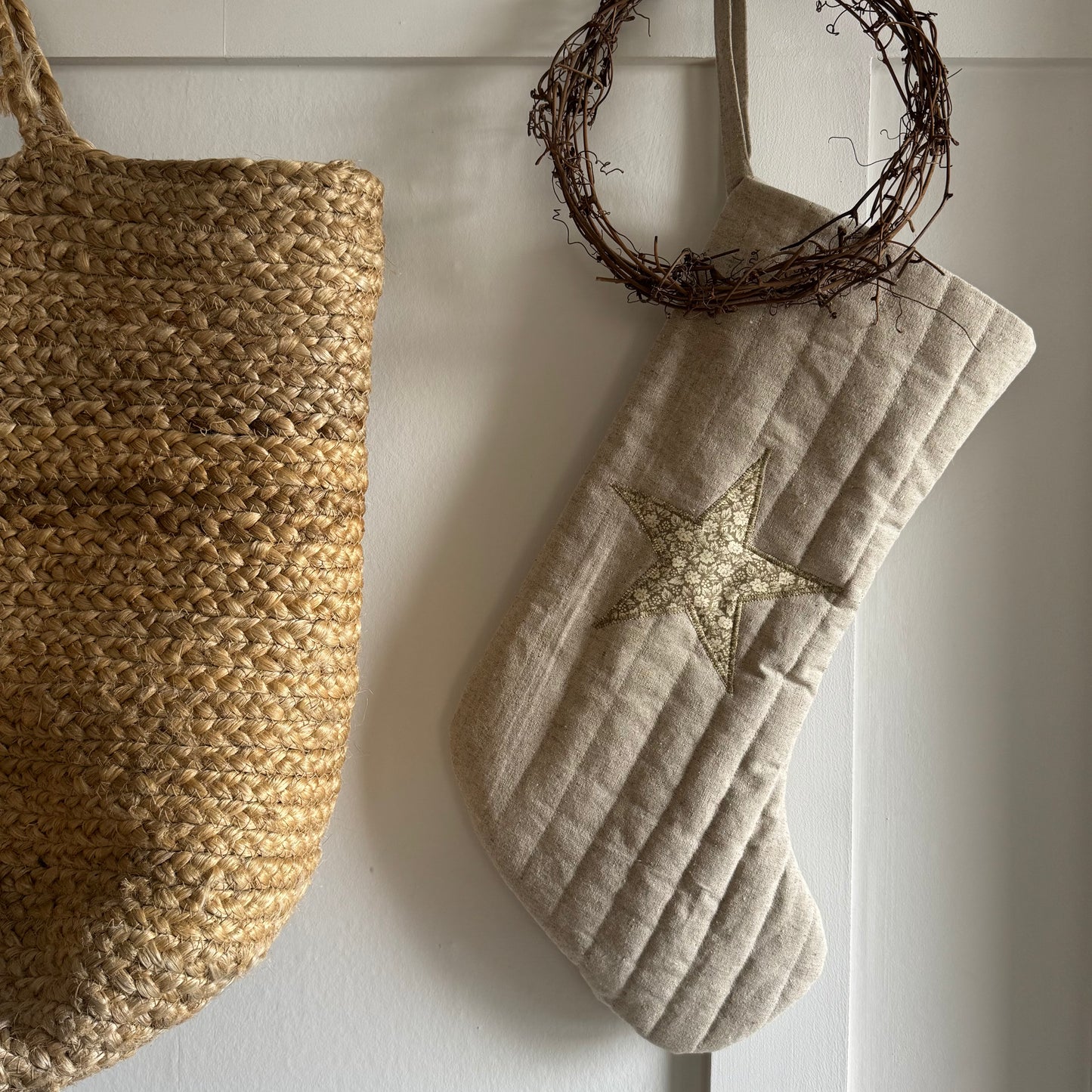 Quilted Linen Christmas Stocking with Applique Floral Star or Initial