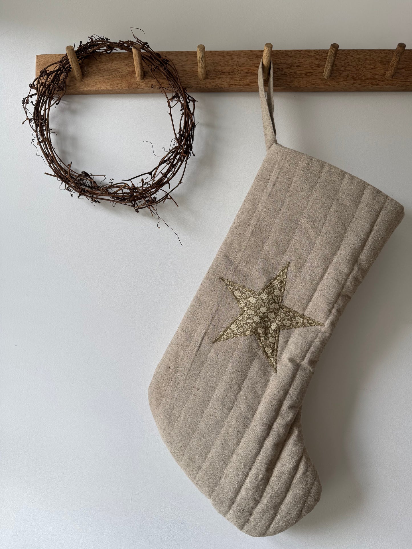Quilted Linen Christmas Stocking with Applique Floral Star or Initial